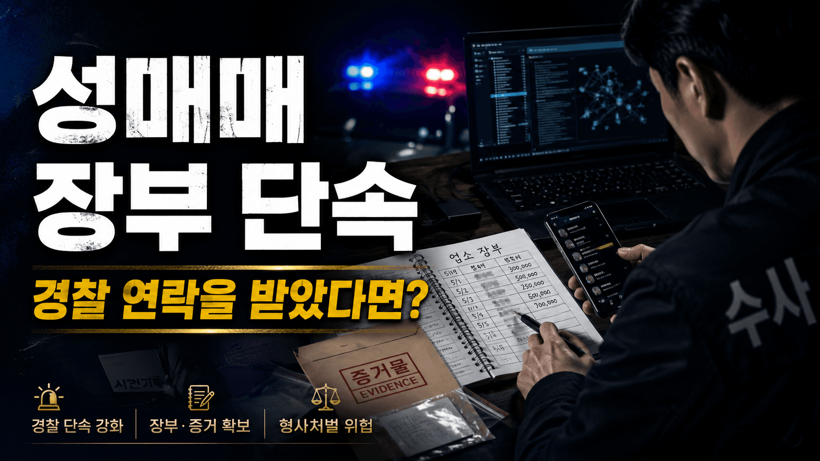 성매매 장부 단속 절차와 경찰 수사, 장부 증거의 판단 기준 및 초기 대응 방법을 설명하는 대표 이미지.